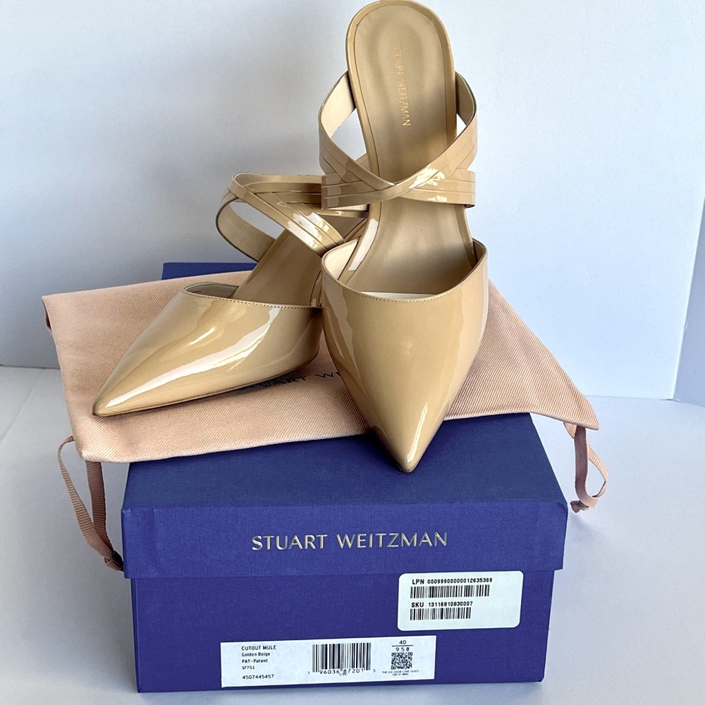 Stuart Weitzman New in Box Patent Cutout 3” Sandals Sz40 / 9.5B summer beige